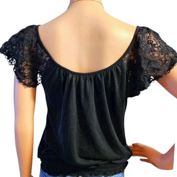 Wmns Black Lace Flutter Sleeve Blouse M Smocked Waist Prairie Cottagecore Boho - Picture 4 of 7